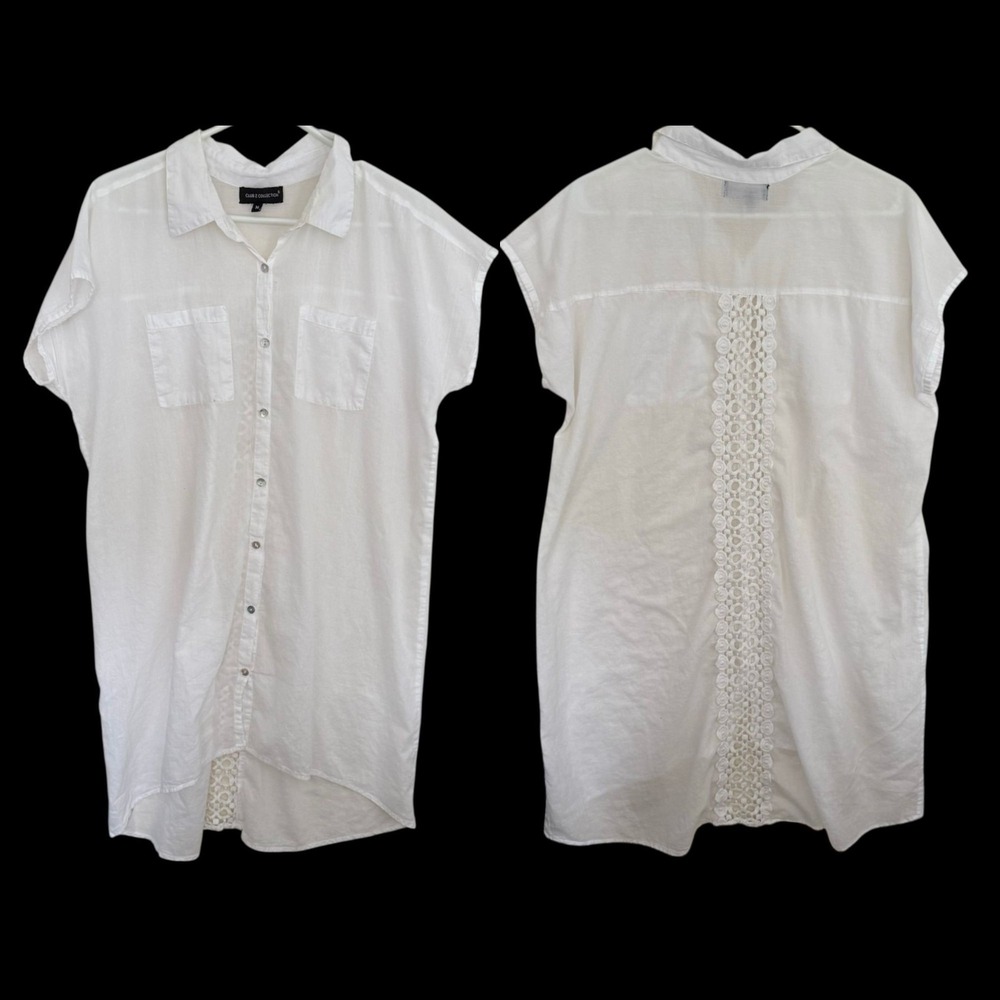 Club‎ Z White Button Up Shirt Dress Cover Up M Embroidery Crochet Beachy Coastal